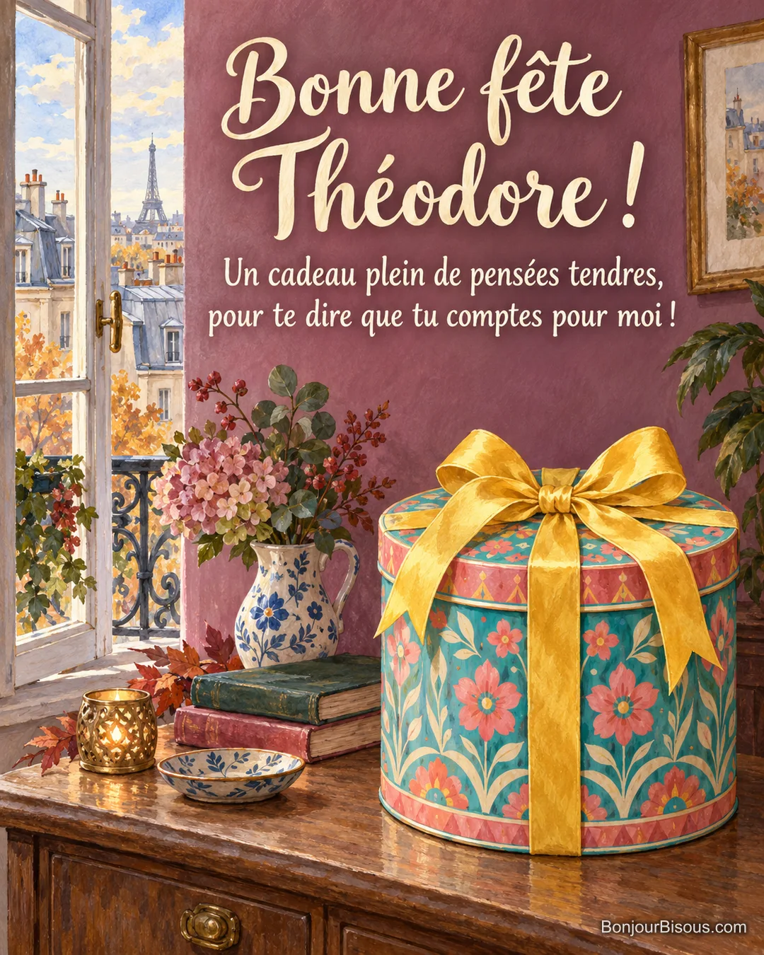Une boîte cylindrique aux motifs floraux corail et turquoise est nouée d’un grand ruban jaune dans un appartement parisien, avec le message « Bonne fête Théodore ! Un cadeau plein de pensées tendres, pour te dire que tu comptes pour moi ! ». Une boîte cylindrique aux motifs floraux corail et turquoise est nouée d’un grand ruban jaune dans un appartement parisien, avec le message « Bonne fête Théodore ! Un cadeau plein de pensées tendres, pour te dire que tu comptes pour moi ! ».