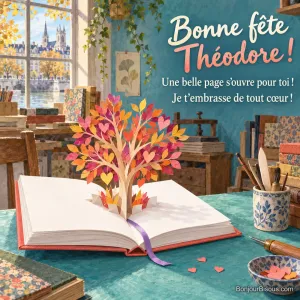 Un livre artisanal corail ouvert déploie un arbre pop-up en papier coloré, aux branches décorées de petits cœurs. La carte porte le message « Bonne fête Théodore ! Une belle page s’ouvre pour toi ! Je t’embrasse de tout cœur ! ».