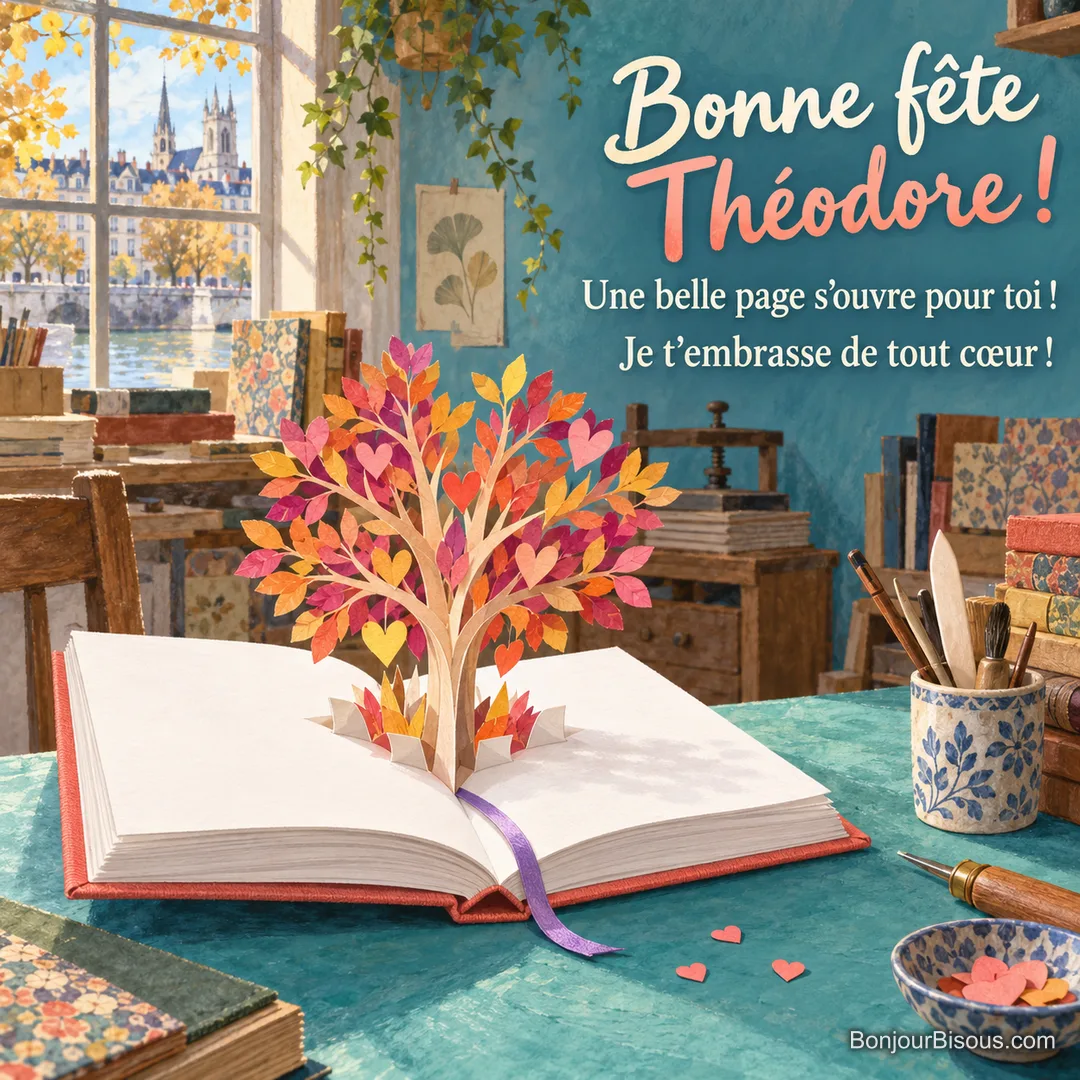 Un livre artisanal corail ouvert déploie un arbre pop-up en papier coloré, aux branches décorées de petits cœurs. La carte porte le message « Bonne fête Théodore ! Une belle page s’ouvre pour toi ! Je t’embrasse de tout cœur ! ». Un livre artisanal corail ouvert déploie un arbre pop-up en papier coloré, aux branches décorées de petits cœurs. La carte porte le message « Bonne fête Théodore ! Une belle page s’ouvre pour toi ! Je t’embrasse de tout cœur ! ».