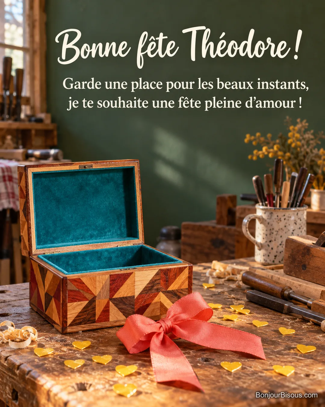 Un coffret ouvert en marqueterie et velours turquoise s’accompagne d’un ruban corail et de confettis en cœur, avec le message « Bonne fête Théodore ! Garde une place pour les beaux instants, je te souhaite une fête pleine d’amour ! ». Un coffret ouvert en marqueterie et velours turquoise s’accompagne d’un ruban corail et de confettis en cœur, avec le message « Bonne fête Théodore ! Garde une place pour les beaux instants, je te souhaite une fête pleine d’amour ! ».