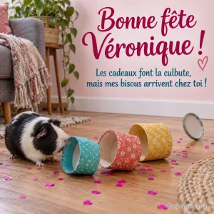 Un cochon d’Inde noir et blanc a bousculé trois boîtes cadeaux vides sur le parquet. Message : « Bonne fête Véronique ! Les cadeaux font la culbute, mais mes bisous arrivent chez toi ! »