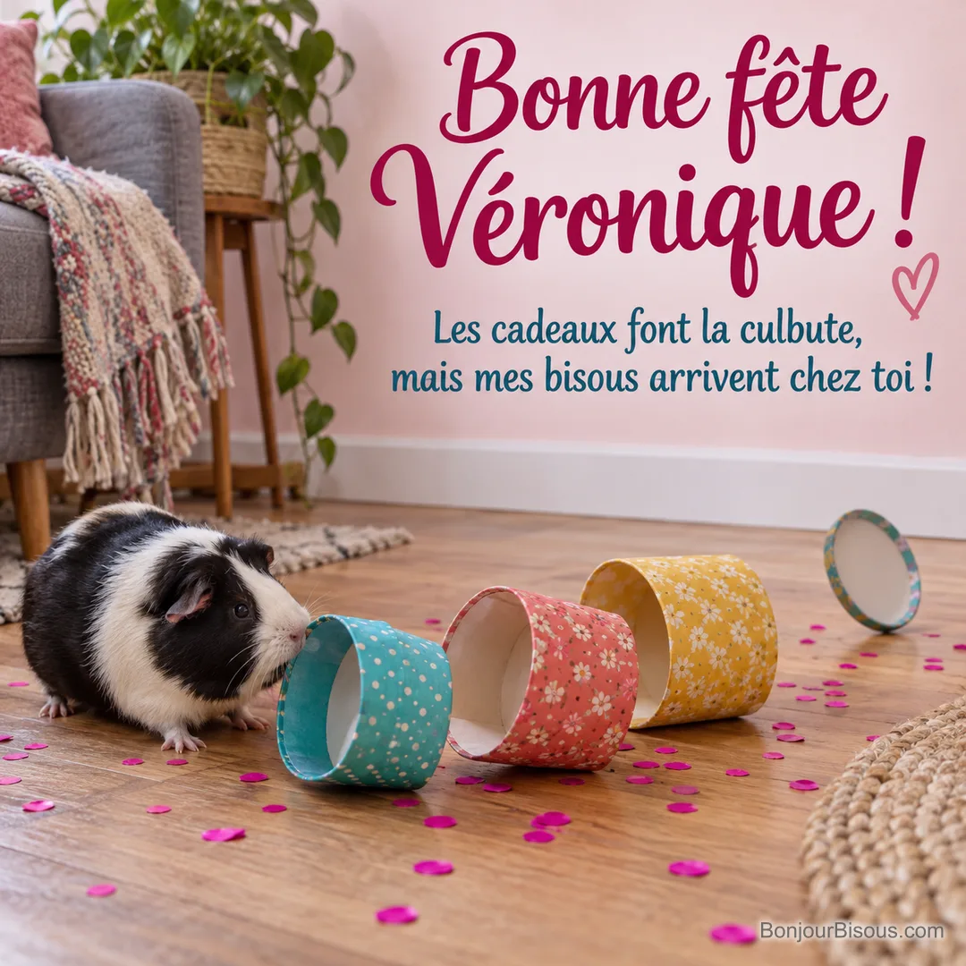 Un cochon d’Inde noir et blanc a bousculé trois boîtes cadeaux vides sur le parquet. Message : « Bonne fête Véronique ! Les cadeaux font la culbute, mais mes bisous arrivent chez toi ! » Un cochon d’Inde noir et blanc a bousculé trois boîtes cadeaux vides sur le parquet. Message : « Bonne fête Véronique ! Les cadeaux font la culbute, mais mes bisous arrivent chez toi ! »