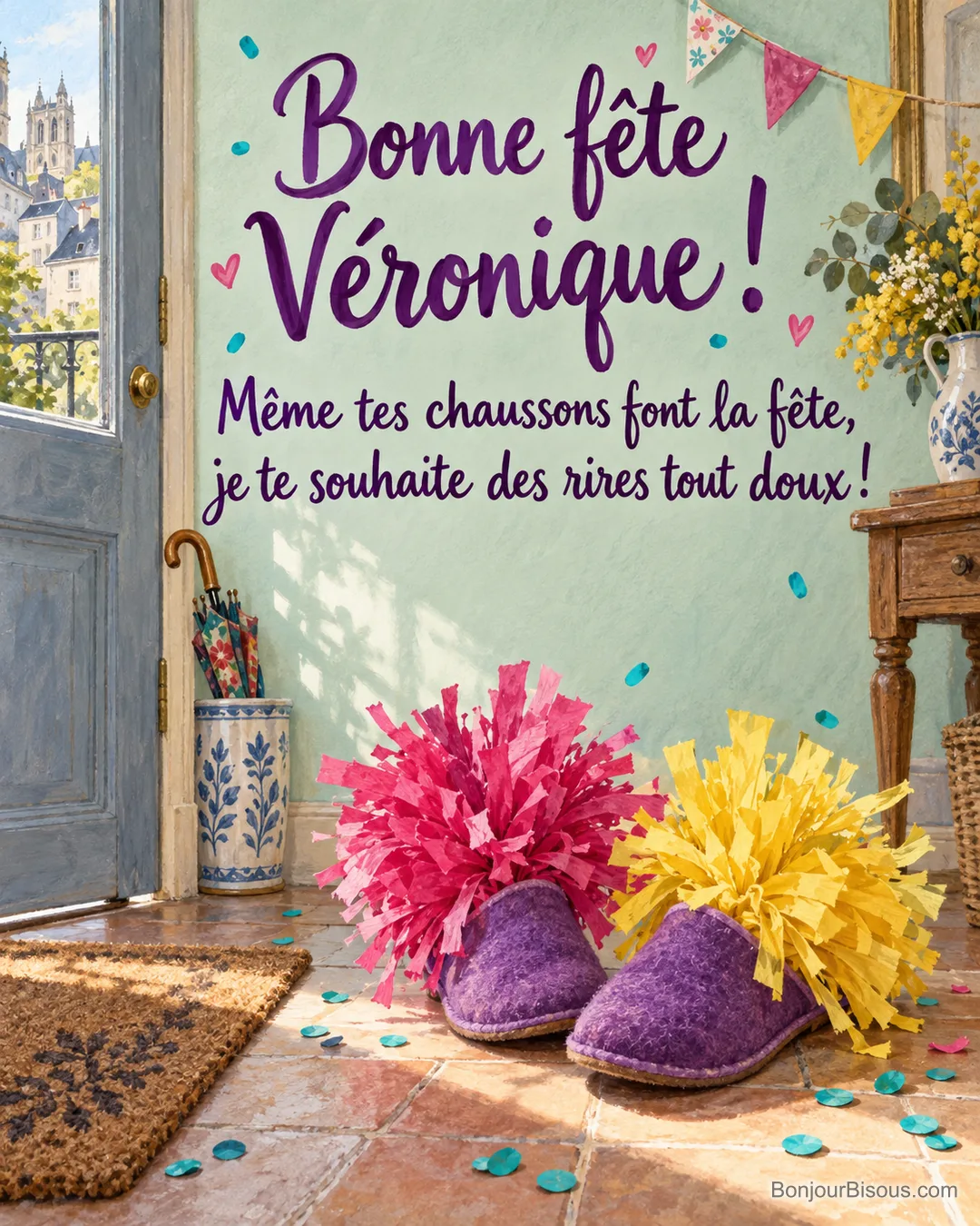 Deux pantoufles violettes débordent de pompons de papier comme de folles coiffures de fête. Message : « Bonne fête Véronique ! Même tes chaussons font la fête, je te souhaite des rires tout doux ! »