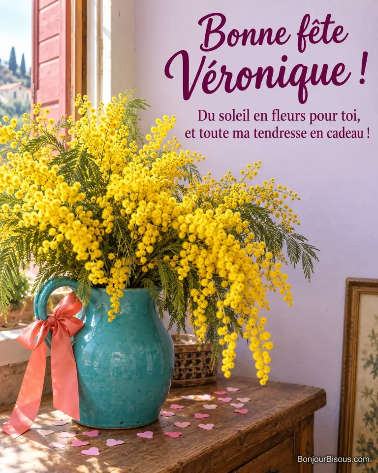 Une brassée de mimosa de saison illumine un pichet turquoise décoré d’un nœud corail. Message : « Bonne fête Véronique ! Du soleil en fleurs pour toi, et toute ma tendresse en cadeau ! »