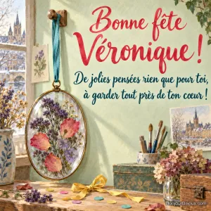 Un médaillon ovale en verre conserve un petit bouquet de fleurs séchées violettes et de pétales corail. Message : « Bonne fête Véronique ! De jolies pensées rien que pour toi, à garder tout près de ton cœur ! »