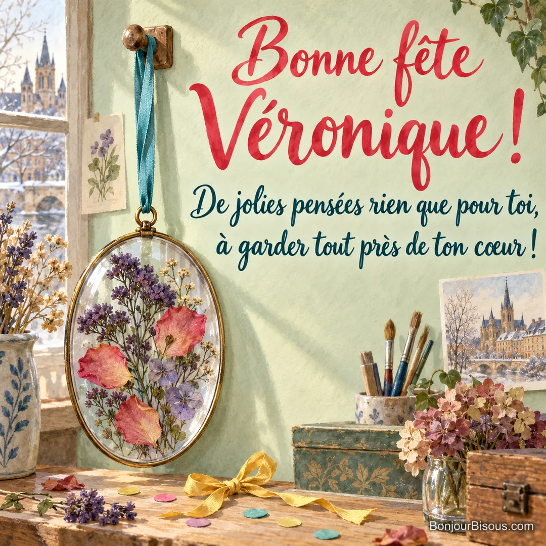 Un médaillon ovale en verre conserve un petit bouquet de fleurs séchées violettes et de pétales corail. Message : « Bonne fête Véronique ! De jolies pensées rien que pour toi, à garder tout près de ton cœur ! »