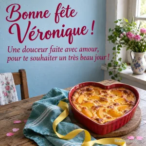 Un clafoutis aux pêches doré repose dans un moule rouge en forme de cœur, près d’un ruban jaune. Message : « Bonne fête Véronique ! Une douceur faite avec amour, pour te souhaiter un très beau jour ! »