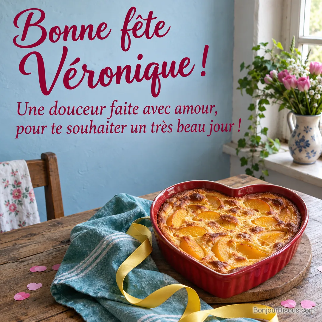 Un clafoutis aux pêches doré repose dans un moule rouge en forme de cœur, près d’un ruban jaune. Message : « Bonne fête Véronique ! Une douceur faite avec amour, pour te souhaiter un très beau jour ! » Un clafoutis aux pêches doré repose dans un moule rouge en forme de cœur, près d’un ruban jaune. Message : « Bonne fête Véronique ! Une douceur faite avec amour, pour te souhaiter un très beau jour ! »