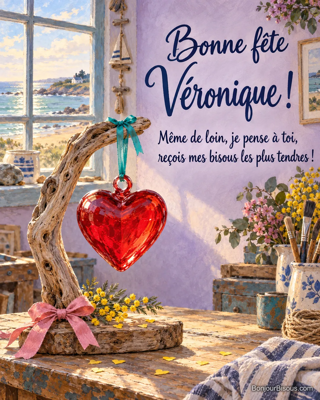 Un cœur de verre rouge est suspendu à une arche de bois flotté par un ruban turquoise dans un atelier breton. Message : « Bonne fête Véronique ! Même de loin, je pense à toi, reçois mes bisous les plus tendres ! » Un cœur de verre rouge est suspendu à une arche de bois flotté par un ruban turquoise dans un atelier breton. Message : « Bonne fête Véronique ! Même de loin, je pense à toi, reçois mes bisous les plus tendres ! »