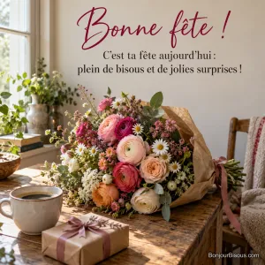 Photo d’un bouquet de renoncules, roses et marguerites emballé dans du papier kraft avec un ruban, un cadeau et une tasse de café sur une table près d’une fenêtre, avec le texte « Bonne fête ! C’est ta fête aujourd’hui : plein de bisous et de jolies surprises ! »