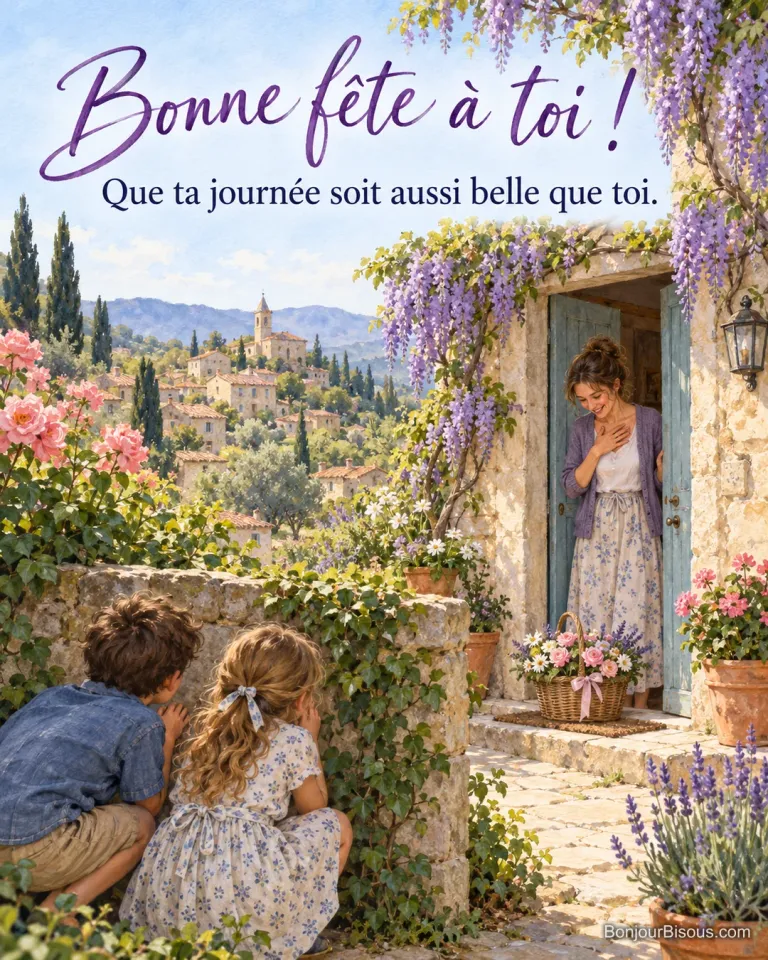 Peinture d’une femme émue sur le seuil d’une maison couverte de glycine qui découvre un panier de fleurs, deux enfants cachés derrière un muret la regardent, avec le texte « Bonne fête à toi ! Que ta journée soit aussi belle que toi. »