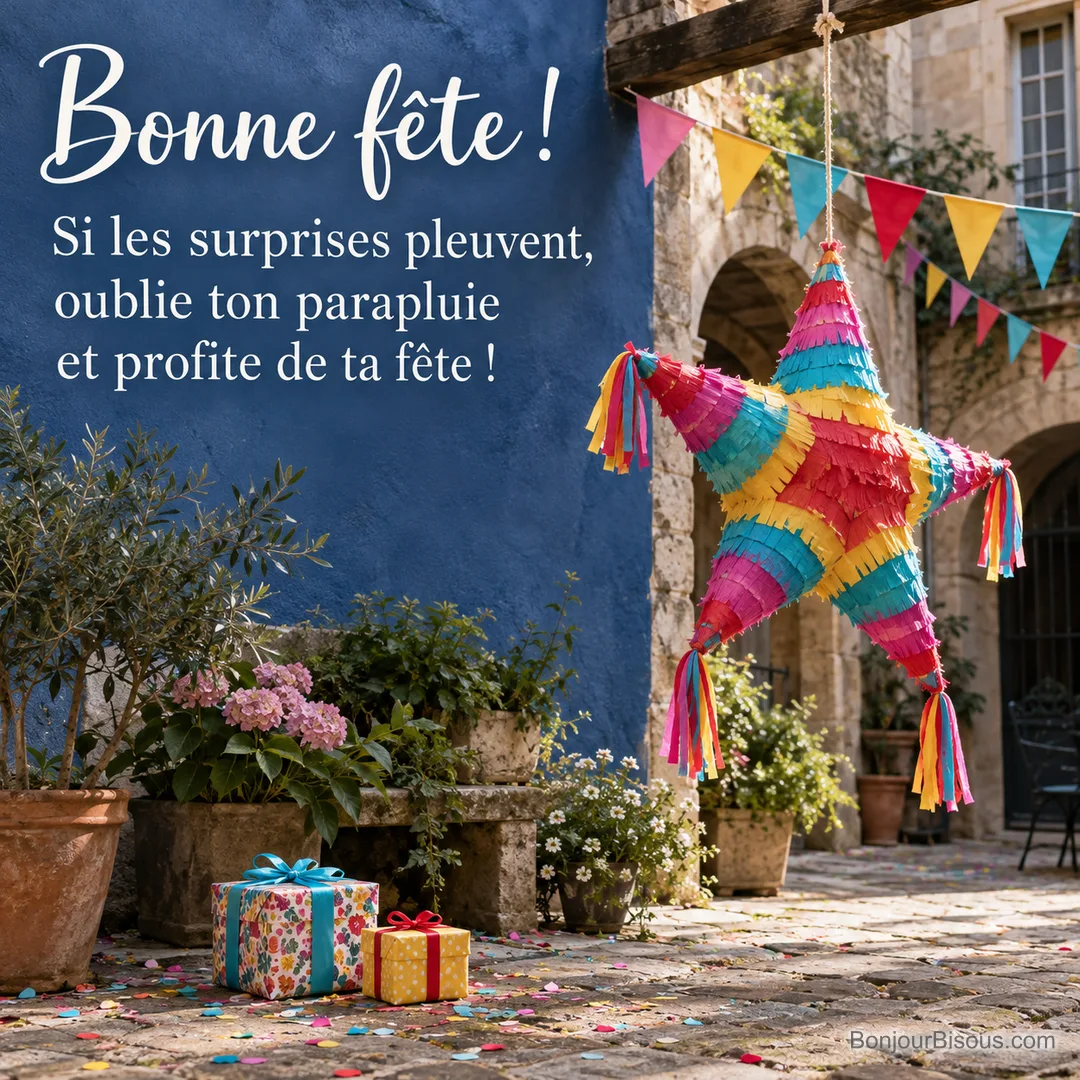Une piñata étoilée multicolore se balance dans une cour décorée de fanions et de cadeaux, avec le texte « Bonne fête ! Si les surprises pleuvent, oublie ton parapluie et profite de ta fête ! ».