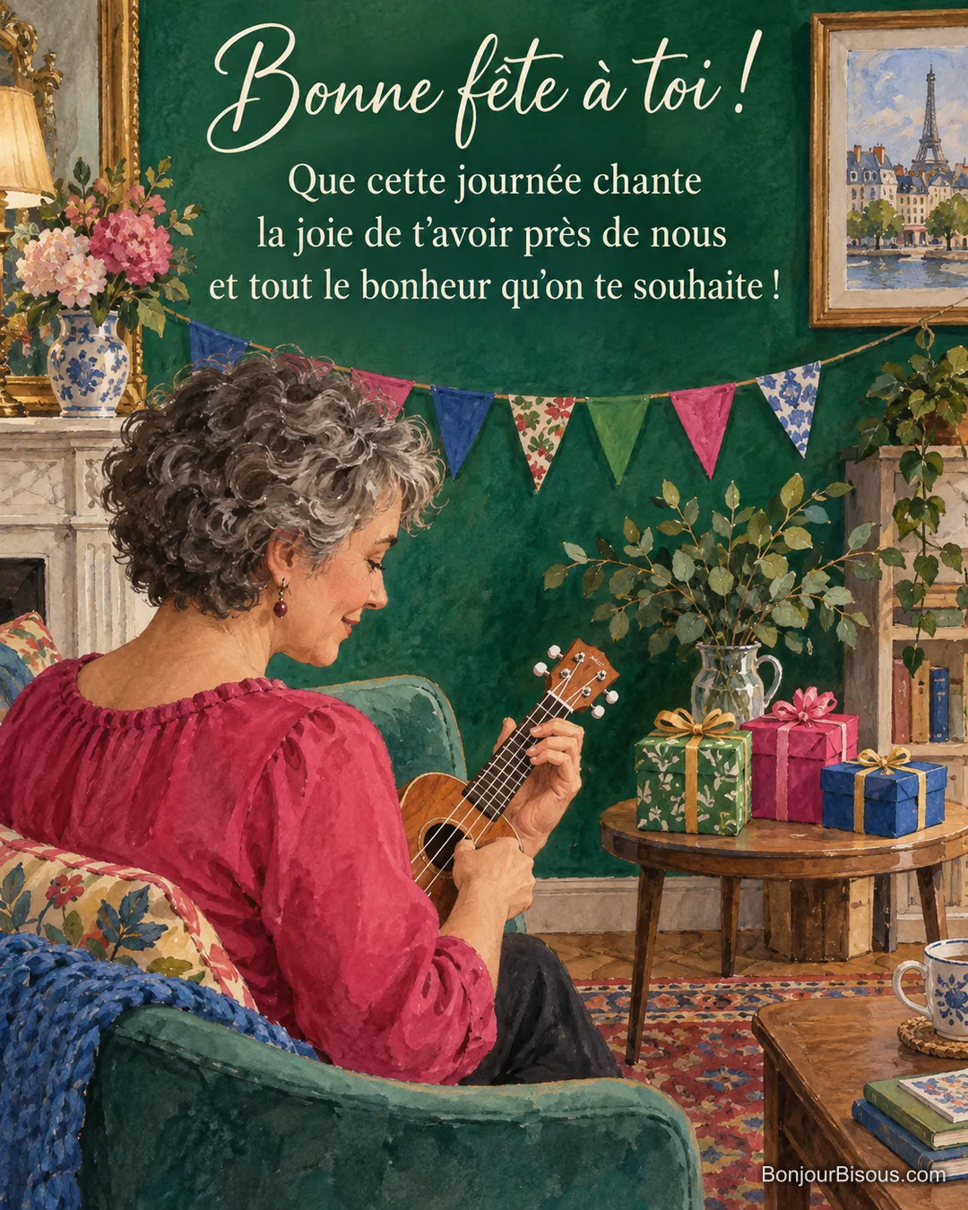 Une femme joue du ukulélé dans un salon décoré de guirlandes et de cadeaux, avec le texte « Bonne fête à toi ! Que cette journée chante la joie de t’avoir près de nous et tout le bonheur qu’on te souhaite ! ».