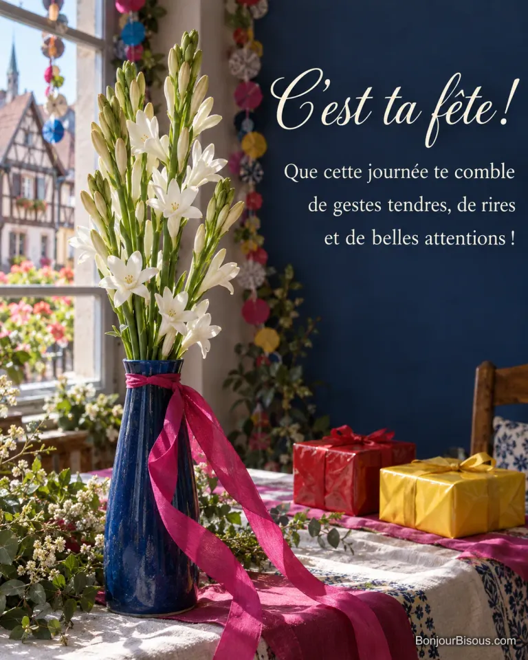 Des tubéreuses blanches entourées de rubans fuchsia décorent une table de fête avec des cadeaux, avec le texte « C’est ta fête ! Que cette journée te comble de gestes tendres, de rires et de belles attentions ! ».