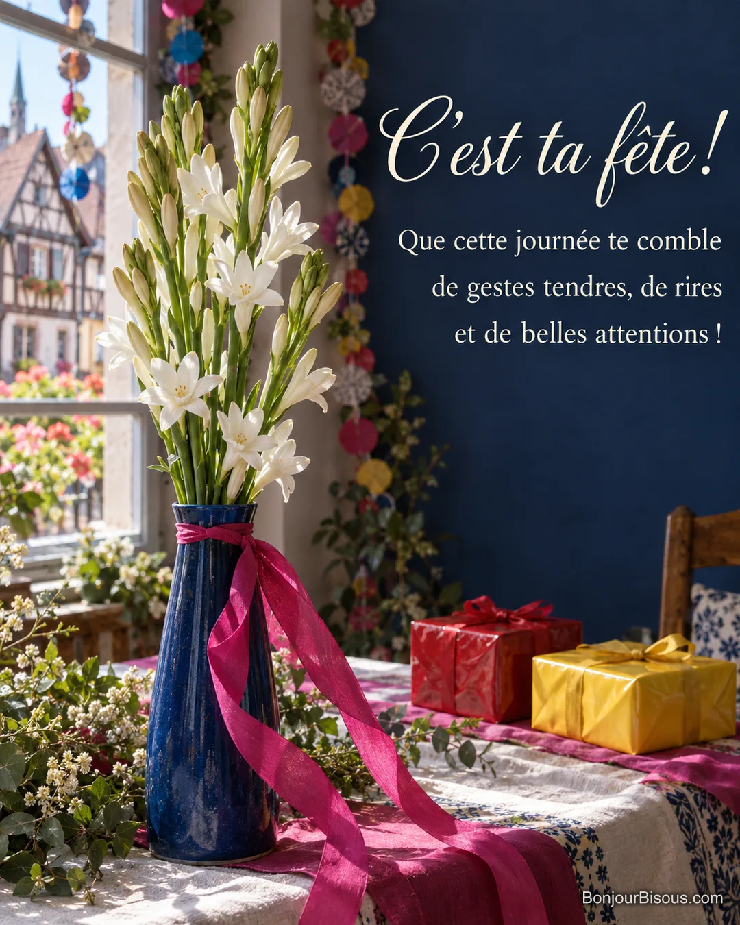 Des tubéreuses blanches entourées de rubans fuchsia décorent une table de fête avec des cadeaux, avec le texte « C’est ta fête ! Que cette journée te comble de gestes tendres, de rires et de belles attentions ! ».