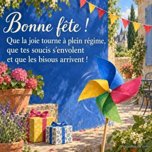 Un moulinet de papier multicolore tourne devant des fanions et des paquets cadeaux, avec le texte « Bonne fête ! Que la joie tourne à plein régime, que tes soucis s’envolent et que les bisous arrivent ! ».