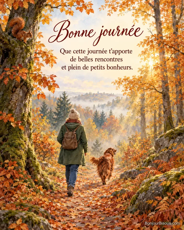 Peinture d’une femme en manteau vert vue de dos qui se promène avec un setter irlandais sur un chemin de forêt couvert de feuilles d’automne, un écureuil sur un tronc, avec le texte « Bonne journée – Que cette journée t’apporte de belles rencontres et plein de petits bonheurs. »