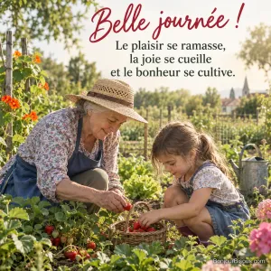 Photo d’une grand-mère en chapeau de paille et d’une fillette accroupies dans un potager qui cueillent des fraises dans un panier, avec le texte « Belle journée ! Le plaisir se ramasse, la joie se cueille et le bonheur se cultive. »