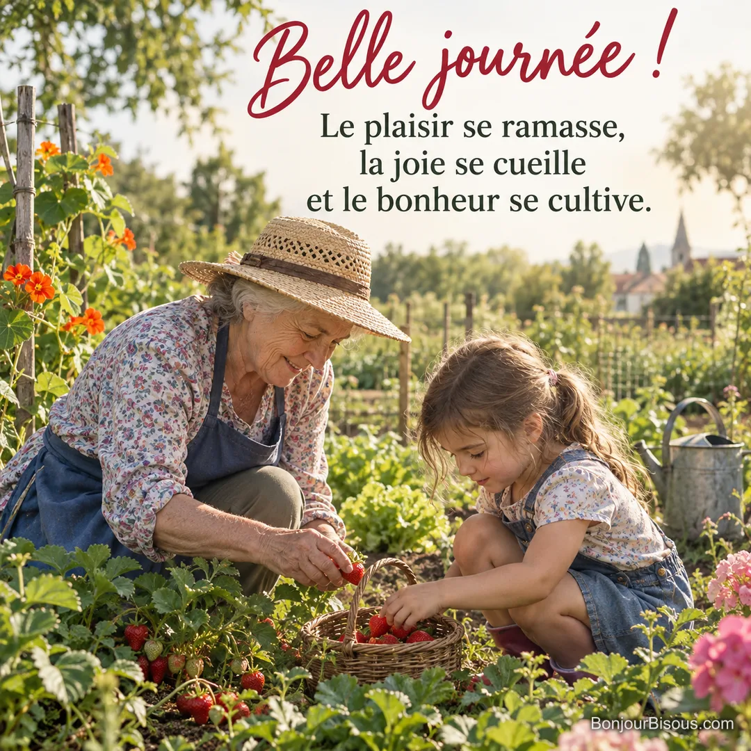 Photo d’une grand-mère en chapeau de paille et d’une fillette accroupies dans un potager qui cueillent des fraises dans un panier, avec le texte « Belle journée ! Le plaisir se ramasse, la joie se cueille et le bonheur se cultive. » Photo d’une grand-mère en chapeau de paille et d’une fillette accroupies dans un potager qui cueillent des fraises dans un panier, avec le texte « Belle journée ! Le plaisir se ramasse, la joie se cueille et le bonheur se cultive. »