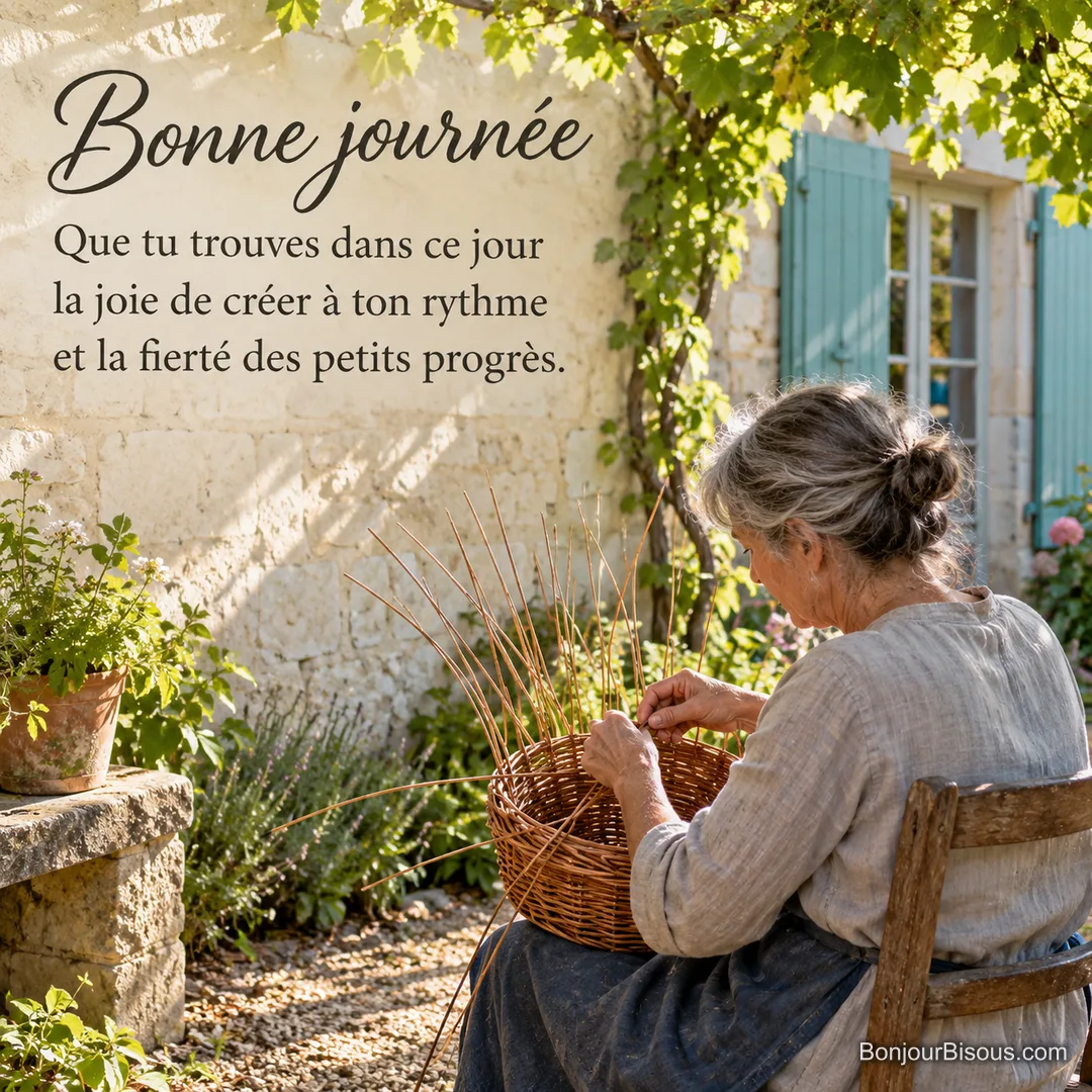 Une vannière tresse un panier d’osier dans une cour ensoleillée de Touraine, avec le texte « Bonne journée Que tu trouves dans ce jour la joie de créer à ton rythme et la fierté des petits progrès. ». Une vannière tresse un panier d’osier dans une cour ensoleillée de Touraine, avec le texte « Bonne journée Que tu trouves dans ce jour la joie de créer à ton rythme et la fierté des petits progrès. ».