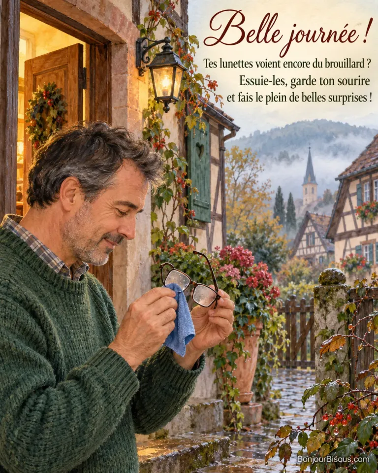 Un homme essuie ses lunettes embuées à l’entrée d’une maison alsacienne, avec le texte « Belle journée ! Tes lunettes voient encore du brouillard ? Essuie-les, garde ton sourire et fais le plein de belles surprises ! ».