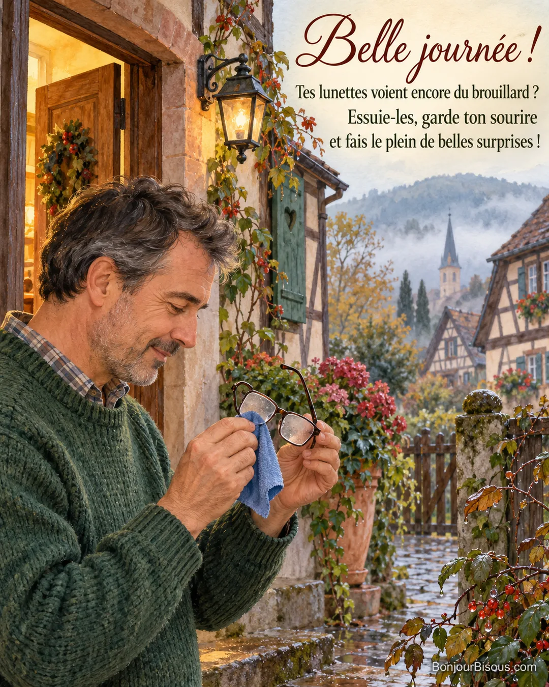 Un homme essuie ses lunettes embuées à l’entrée d’une maison alsacienne, avec le texte « Belle journée ! Tes lunettes voient encore du brouillard ? Essuie-les, garde ton sourire et fais le plein de belles surprises ! ». Un homme essuie ses lunettes embuées à l’entrée d’une maison alsacienne, avec le texte « Belle journée ! Tes lunettes voient encore du brouillard ? Essuie-les, garde ton sourire et fais le plein de belles surprises ! ».