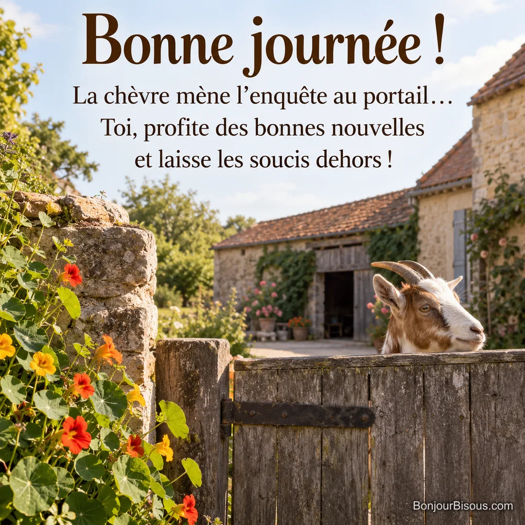 Une chèvre curieuse regarde par-dessus un portail dans une ferme du Berry, avec le texte « Bonne journée ! La chèvre mène l’enquête au portail… Toi, profite des bonnes nouvelles et laisse les soucis dehors ! ». Une chèvre curieuse regarde par-dessus un portail dans une ferme du Berry, avec le texte « Bonne journée ! La chèvre mène l’enquête au portail… Toi, profite des bonnes nouvelles et laisse les soucis dehors ! ».