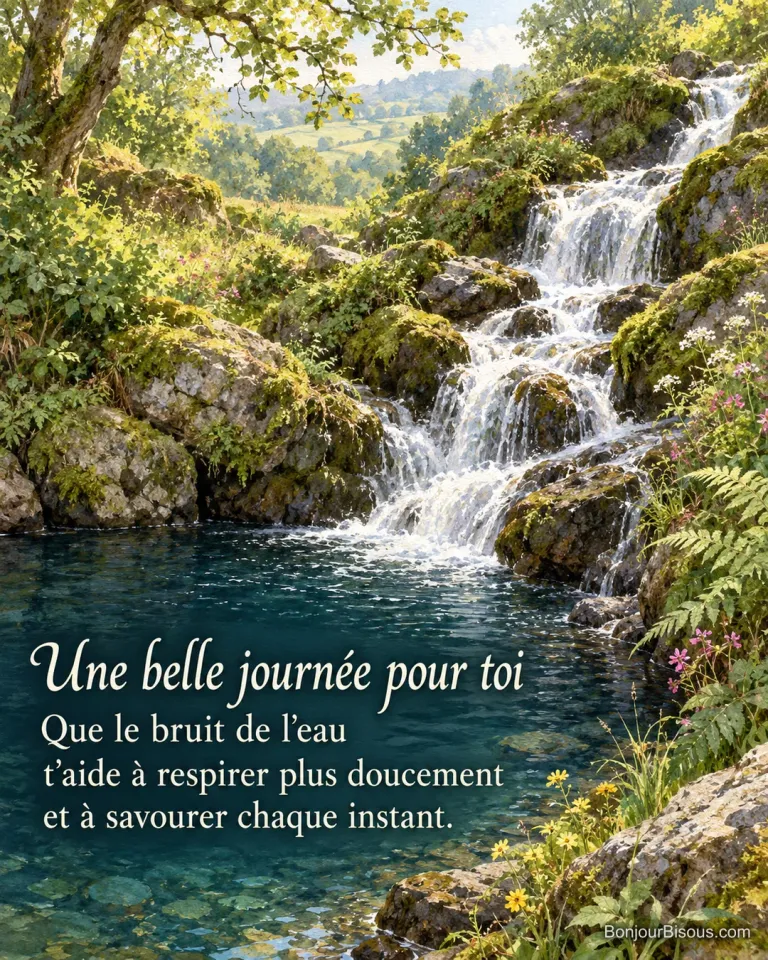 Une petite cascade coule entre les fougères et les roches moussues d’une vallée bretonne, avec le texte « Une belle journée pour toi Que le bruit de l’eau t’aide à respirer plus doucement et à savourer chaque instant. ».