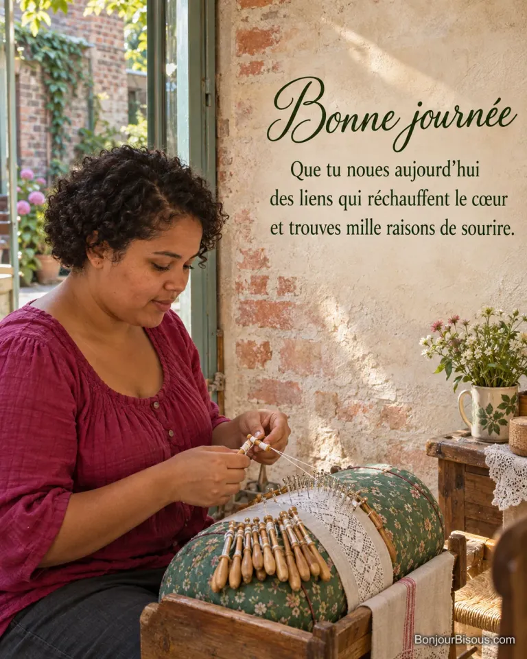Une dentellière croise ses fuseaux dans un atelier normand baigné de soleil, avec le message « Bonne journée Que tu noues aujourd’hui des liens qui réchauffent le cœur et trouves mille raisons de sourire. ».