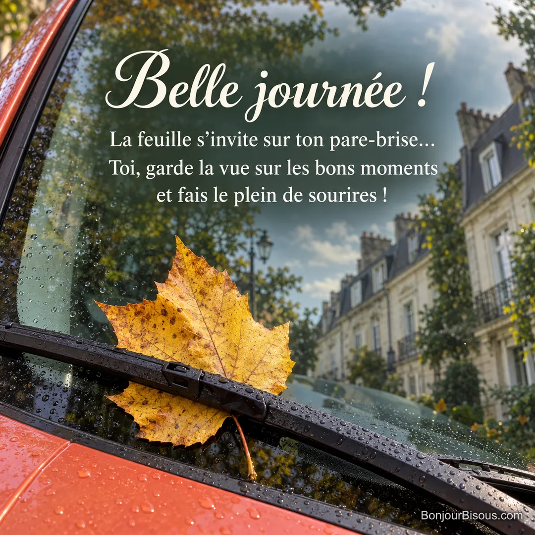 Une feuille jaune s’est glissée sous l’essuie-glace d’une voiture corail dans une rue nantaise, avec le message « Belle journée ! La feuille s’invite sur ton pare-brise… Toi, garde la vue sur les bons moments et fais le plein de sourires ! ». Une feuille jaune s’est glissée sous l’essuie-glace d’une voiture corail dans une rue nantaise, avec le message « Belle journée ! La feuille s’invite sur ton pare-brise… Toi, garde la vue sur les bons moments et fais le plein de sourires ! ».