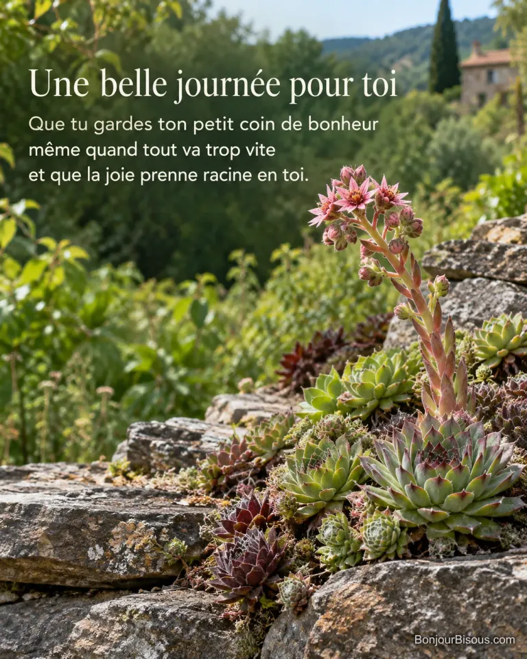 Des joubarbes vertes et pourpres fleurissent dans les fissures d’un muret ardéchois, avec le message « Une belle journée pour toi Que tu gardes ton petit coin de bonheur même quand tout va trop vite et que la joie prenne racine en toi. ».