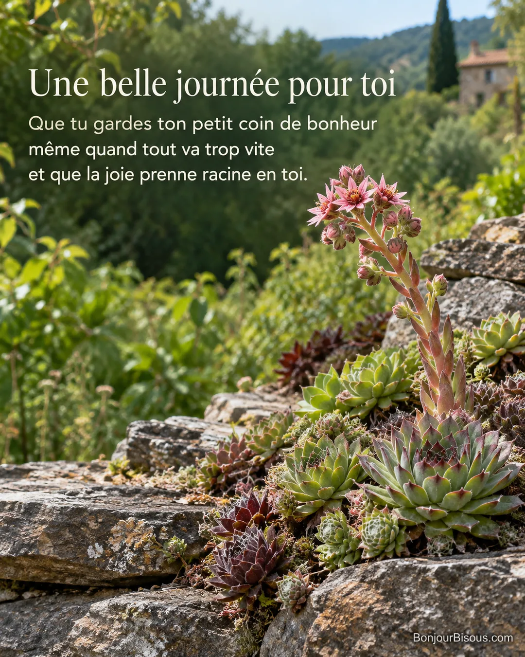 Des joubarbes vertes et pourpres fleurissent dans les fissures d’un muret ardéchois, avec le message « Une belle journée pour toi Que tu gardes ton petit coin de bonheur même quand tout va trop vite et que la joie prenne racine en toi. ».