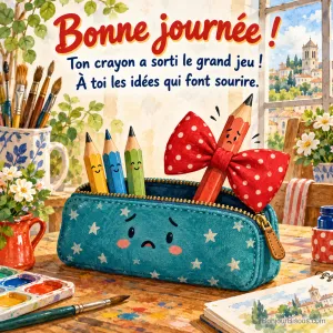 Un plumier bleu ne peut plus se fermer à cause du grand nœud papillon rouge d’un crayon, avec le message « Bonne journée ! Ton crayon a sorti le grand jeu ! À toi les idées qui font sourire. ».