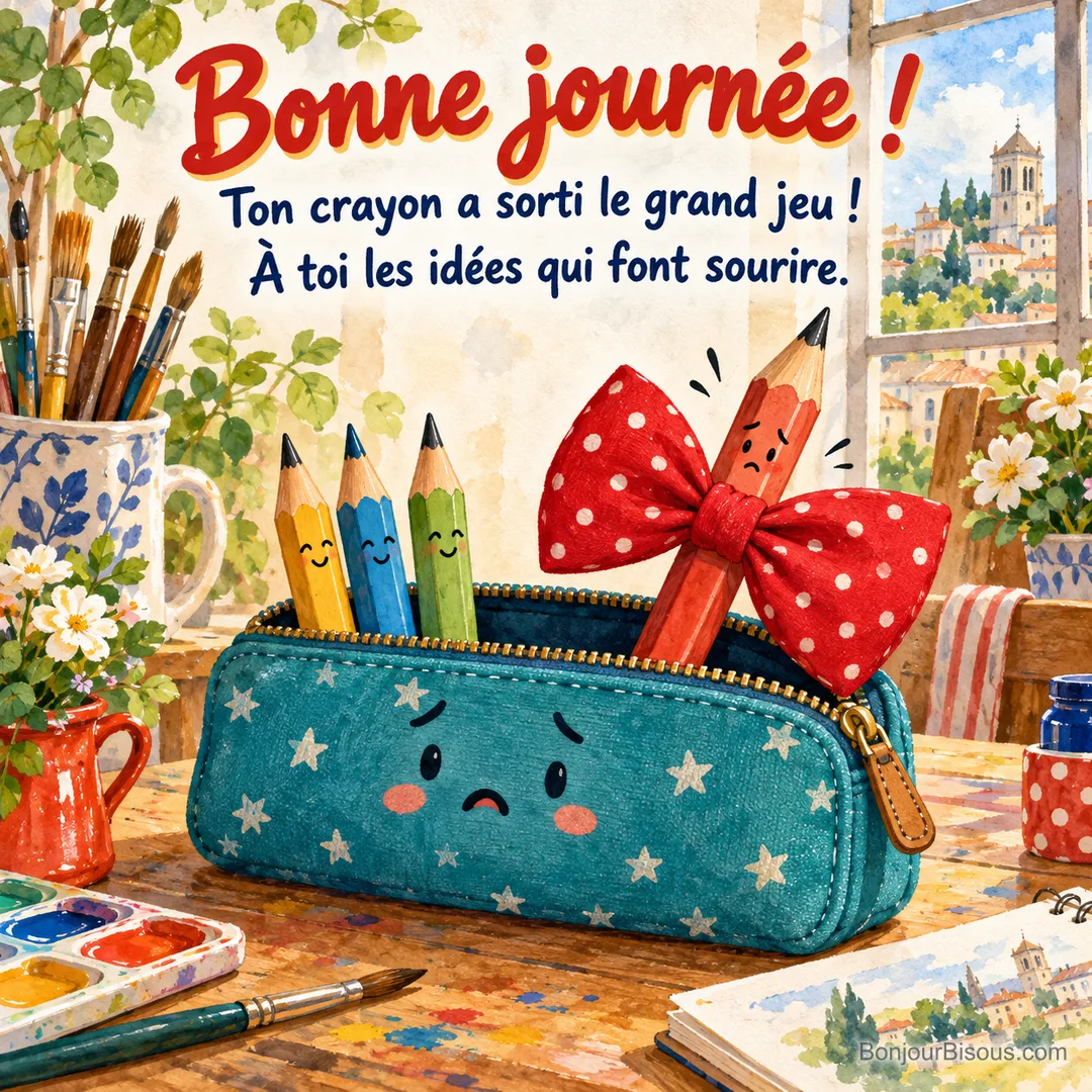 Un plumier bleu ne peut plus se fermer à cause du grand nœud papillon rouge d’un crayon, avec le message « Bonne journée ! Ton crayon a sorti le grand jeu ! À toi les idées qui font sourire. ». Un plumier bleu ne peut plus se fermer à cause du grand nœud papillon rouge d’un crayon, avec le message « Bonne journée ! Ton crayon a sorti le grand jeu ! À toi les idées qui font sourire. ».