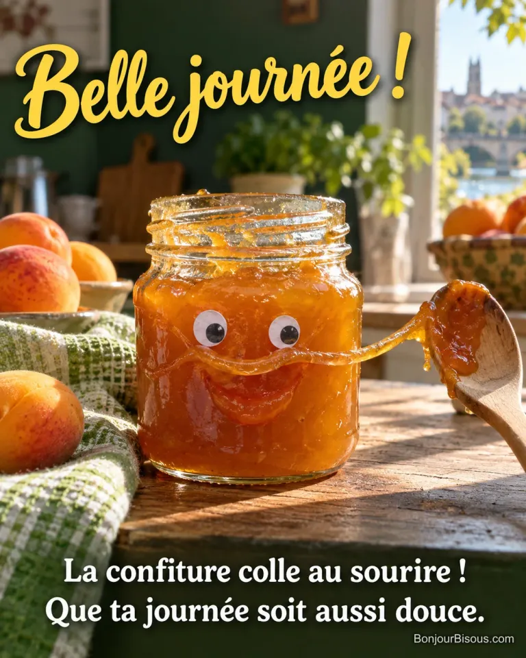 Un pot de confiture d’abricot porte une drôle de moustache collante qui rejoint une cuillère en bois, avec le message « Belle journée ! La confiture colle au sourire ! Que ta journée soit aussi douce. ».