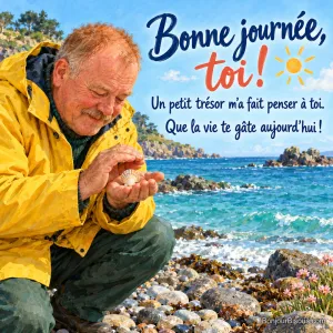 Un homme en ciré jaune découvre un coquillage nacré dans sa paume sur une grève bretonne, avec le message « Bonne journée, toi ! Un petit trésor m’a fait penser à toi. Que la vie te gâte aujourd’hui ! ».