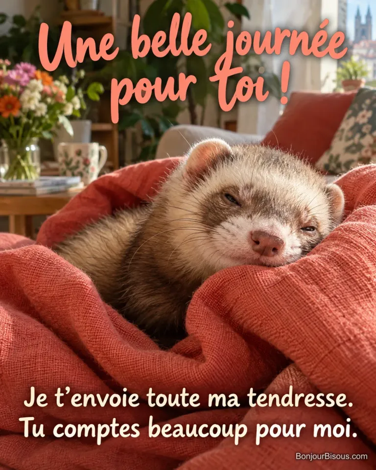 Un furet adulte sable clair se blottit dans les plis accueillants d’un tissu corail, avec le message « Une belle journée pour toi ! Je t’envoie toute ma tendresse. Tu comptes beaucoup pour moi. ».