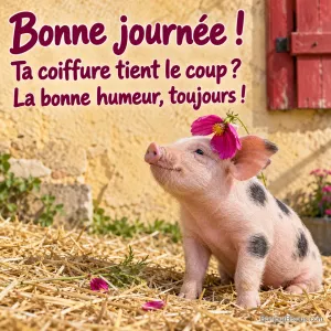 Un porcelet rose tacheté porte de travers une grande fleur de cosmos derrière l’oreille dans une cour berrichonne, avec le message « Bonne journée ! Ta coiffure tient le coup ? La bonne humeur, toujours ! ».