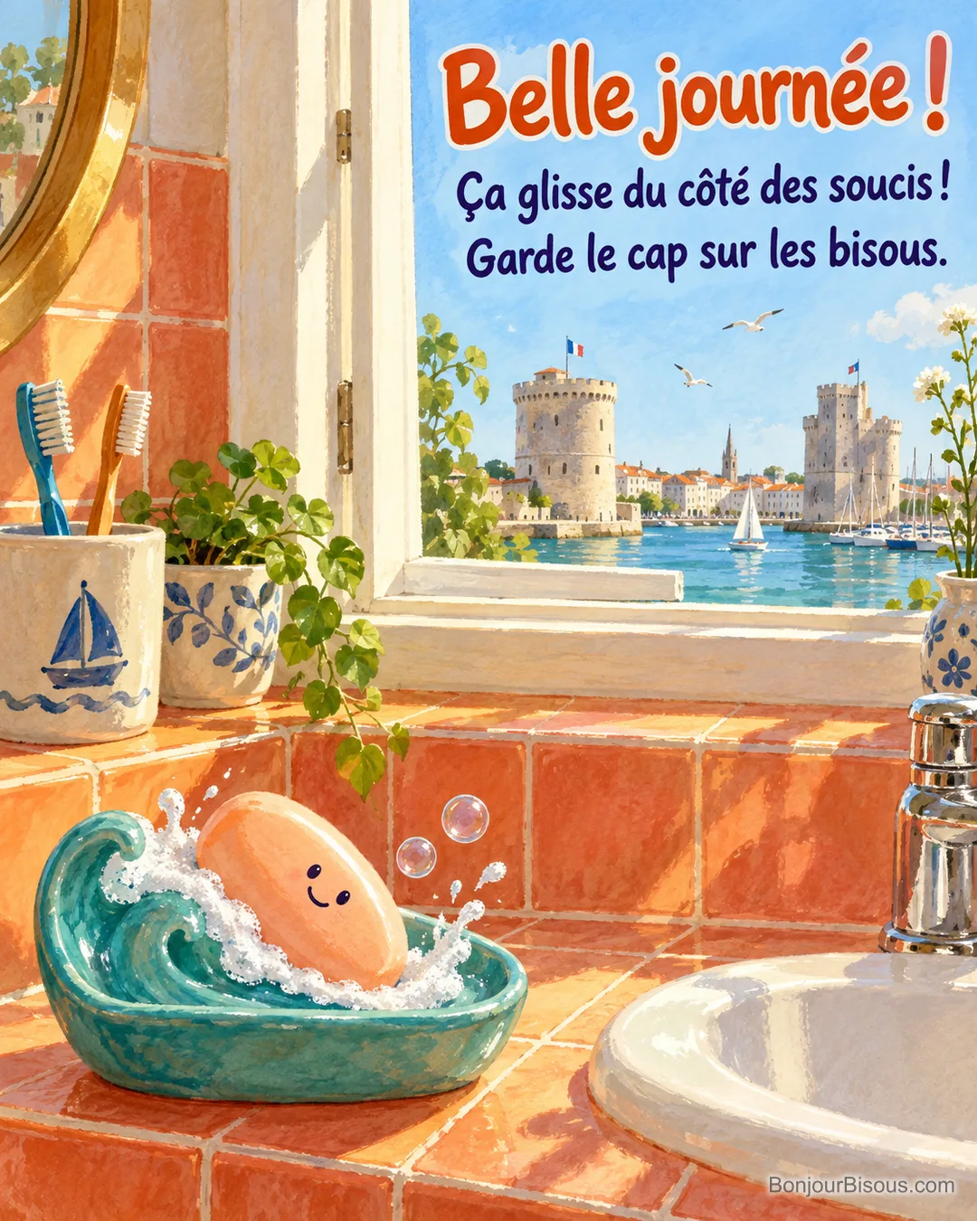 Une savonnette souriante surfe sur les vaguelettes d’un porte-savon turquoise près d’une fenêtre ensoleillée, avec le message « Belle journée ! Ça glisse du côté des soucis ! Garde le cap sur les bisous. ». Une savonnette souriante surfe sur les vaguelettes d’un porte-savon turquoise près d’une fenêtre ensoleillée, avec le message « Belle journée ! Ça glisse du côté des soucis ! Garde le cap sur les bisous. ».