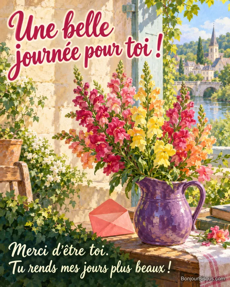 Un bouquet de mufliers roses, orangés et jaunes s’épanouit dans une cruche violette devant une fenêtre de Touraine, avec le message « Une belle journée pour toi ! Merci d’être toi. Tu rends mes jours plus beaux ! ».