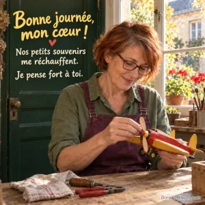 Une femme répare délicatement un avion miniature en bois dans son atelier nantais baigné de soleil, avec le message « Bonne journée, mon cœur ! Nos petits souvenirs me réchauffent. Je pense fort à toi. ».