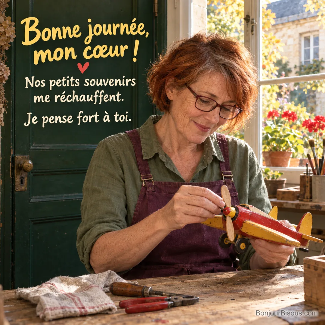 Une femme répare délicatement un avion miniature en bois dans son atelier nantais baigné de soleil, avec le message « Bonne journée, mon cœur ! Nos petits souvenirs me réchauffent. Je pense fort à toi. ». Une femme répare délicatement un avion miniature en bois dans son atelier nantais baigné de soleil, avec le message « Bonne journée, mon cœur ! Nos petits souvenirs me réchauffent. Je pense fort à toi. ».