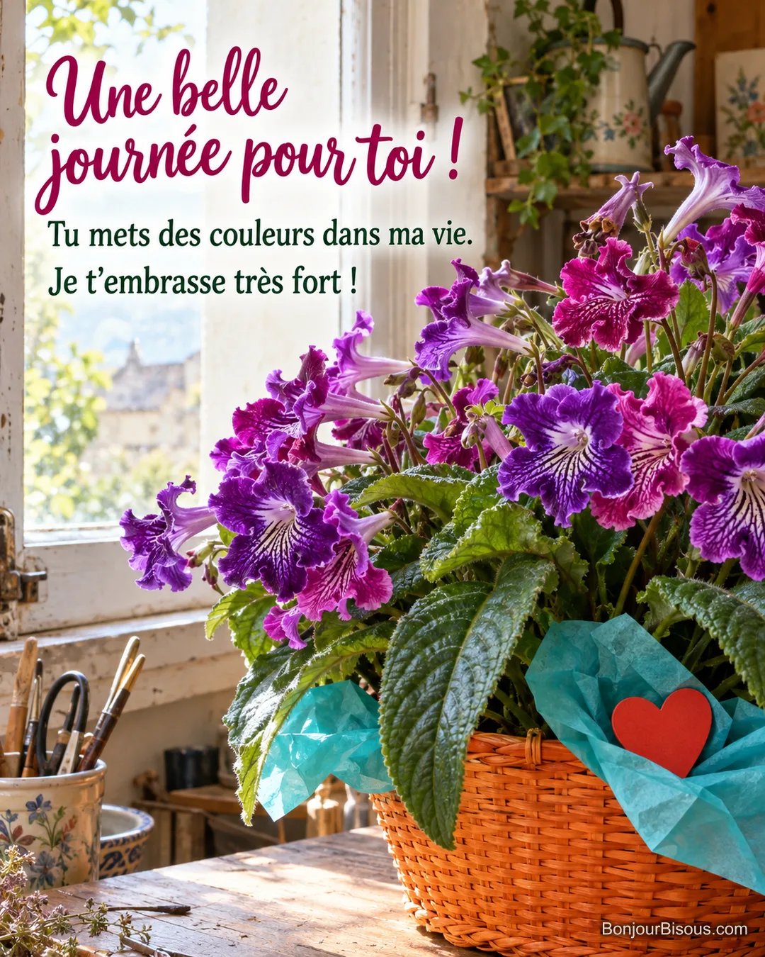 Des fleurs violettes et magenta de streptocarpus débordent d’un panier orange près d’un petit cœur rouge à la fenêtre, avec le message « Une belle journée pour toi ! Tu mets des couleurs dans ma vie. Je t’embrasse très fort ! ». Des fleurs violettes et magenta de streptocarpus débordent d’un panier orange près d’un petit cœur rouge à la fenêtre, avec le message « Une belle journée pour toi ! Tu mets des couleurs dans ma vie. Je t’embrasse très fort ! ».