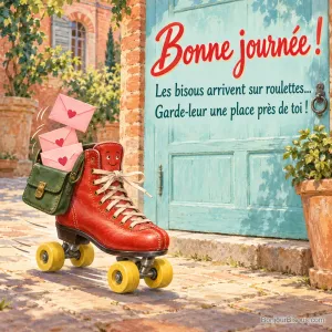 Un patin rouge à quatre roues emporte une sacoche verte et trois enveloppes roses en forme de livraison de bisous, avec le message « Bonne journée ! Les bisous arrivent sur roulettes… Garde-leur une place près de toi ! ».