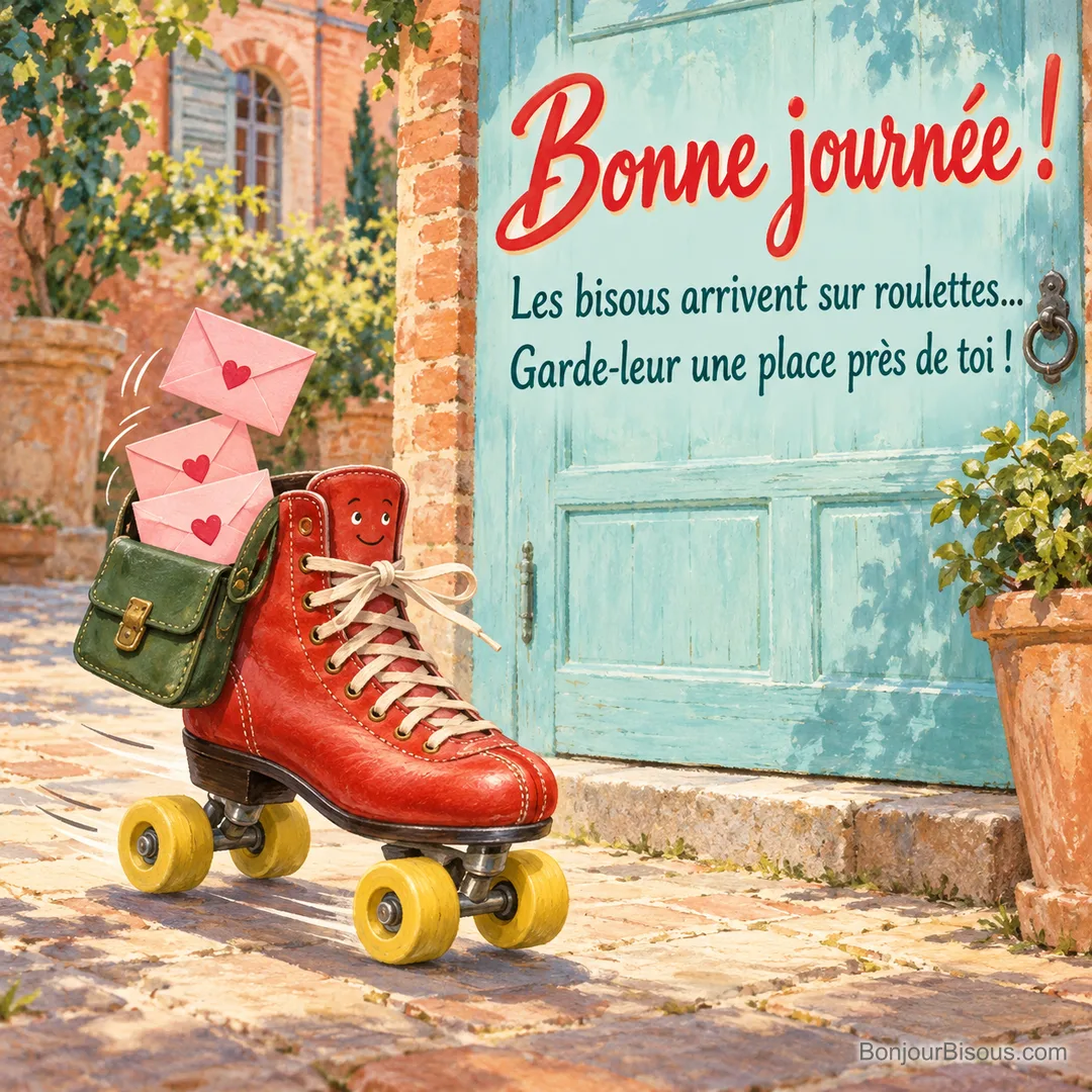 Un patin rouge à quatre roues emporte une sacoche verte et trois enveloppes roses en forme de livraison de bisous, avec le message « Bonne journée ! Les bisous arrivent sur roulettes… Garde-leur une place près de toi ! ». Un patin rouge à quatre roues emporte une sacoche verte et trois enveloppes roses en forme de livraison de bisous, avec le message « Bonne journée ! Les bisous arrivent sur roulettes… Garde-leur une place près de toi ! ».