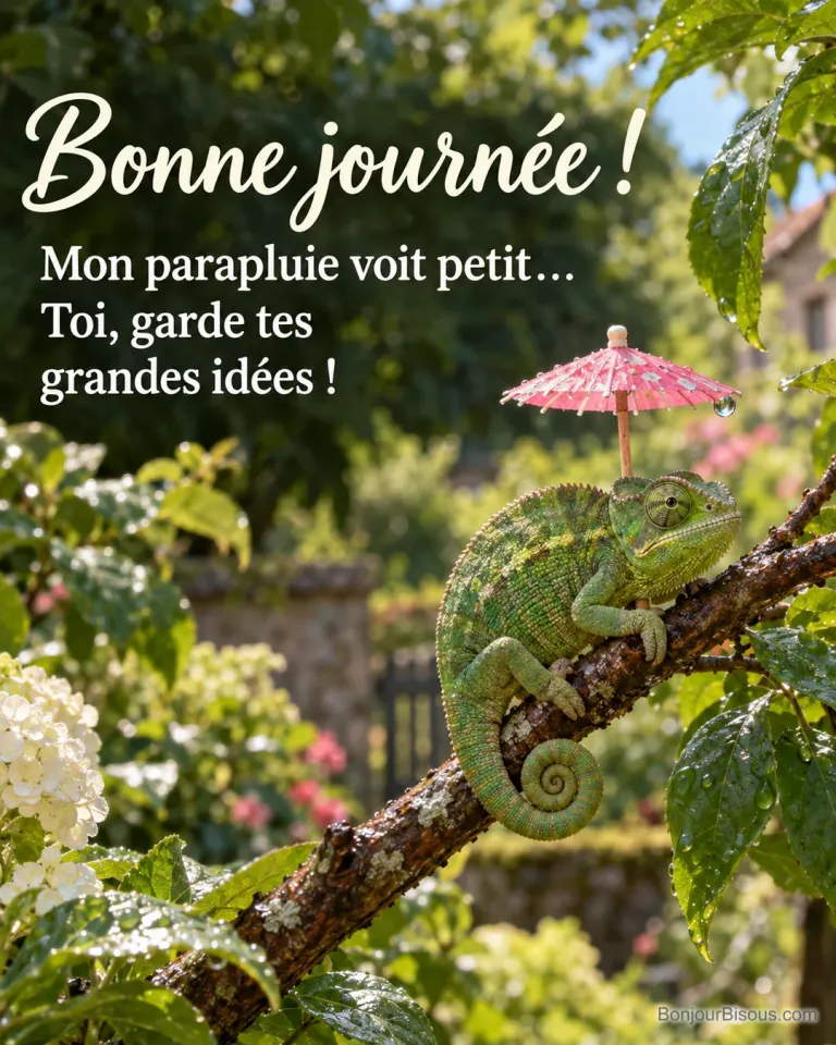 Un caméléon vert dépasse largement de son minuscule parapluie de papier rose sur une branche après une averse. Le message est : « Bonne journée ! Mon parapluie voit petit… Toi, garde tes grandes idées ! ».
