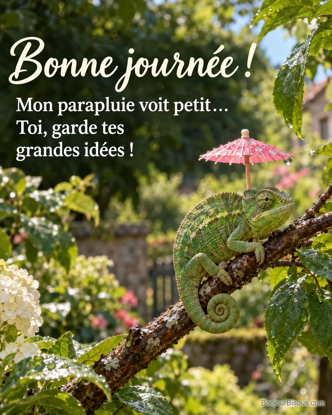 Un caméléon vert dépasse largement de son minuscule parapluie de papier rose sur une branche après une averse. Le message est : « Bonne journée ! Mon parapluie voit petit… Toi, garde tes grandes idées ! ». Un caméléon vert dépasse largement de son minuscule parapluie de papier rose sur une branche après une averse. Le message est : « Bonne journée ! Mon parapluie voit petit… Toi, garde tes grandes idées ! ».