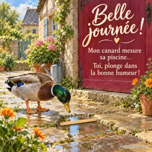 Un canard colvert inspecte une petite flaque dont une règle de bois mesure la largeur comme une piscine miniature. Le message est : « Belle journée ! Mon canard mesure sa piscine… Toi, plonge dans la bonne humeur ! ».