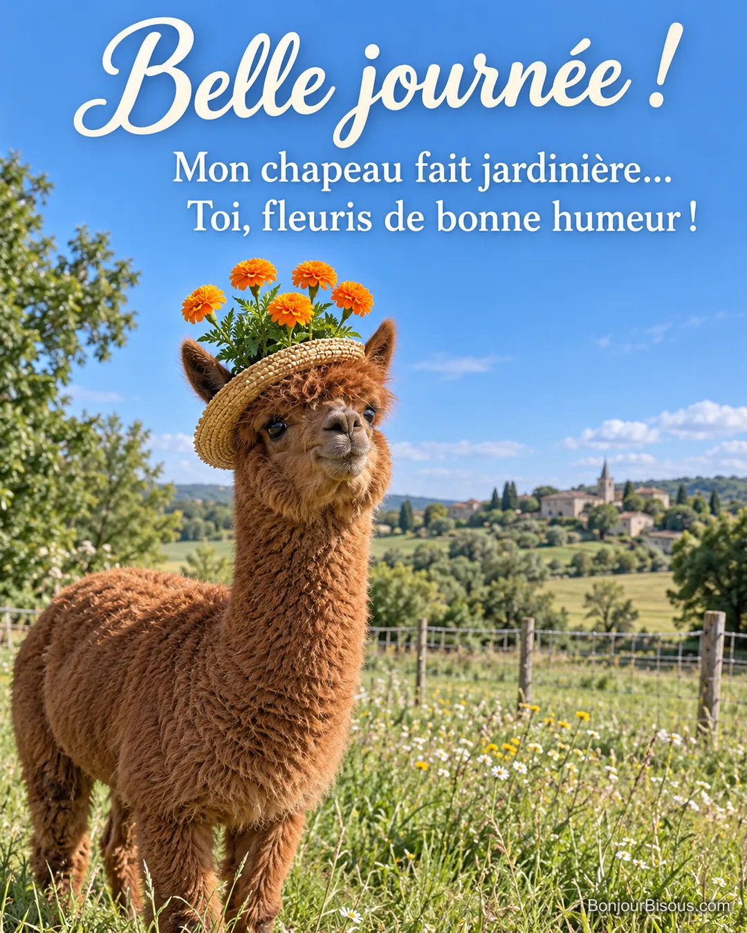 Un alpaga roux porte un chapeau de paille rempli de petites fleurs de souci orange. Le message est : « Belle journée ! Mon chapeau fait jardinière… Toi, fleuris de bonne humeur ! ». Un alpaga roux porte un chapeau de paille rempli de petites fleurs de souci orange. Le message est : « Belle journée ! Mon chapeau fait jardinière… Toi, fleuris de bonne humeur ! ».