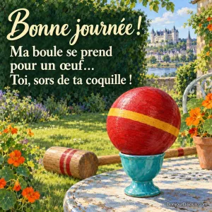 Une grosse boule de croquet rouge repose sur un minuscule coquetier turquoise dans un jardin ensoleillé. Le message est : « Bonne journée ! Ma boule se prend pour un œuf… Toi, sors de ta coquille ! ».